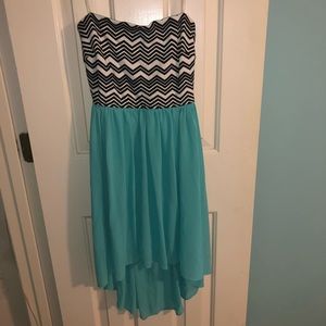 Strapless chevron and teal low to high dress